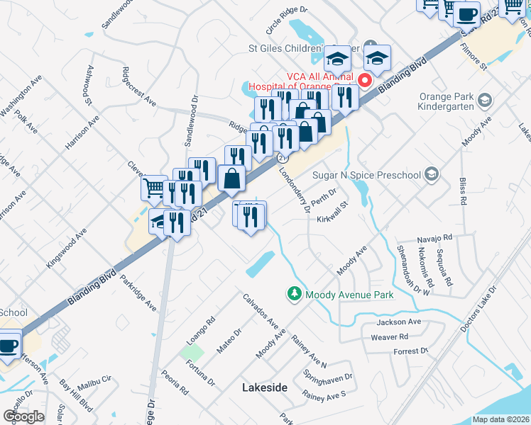 map of restaurants, bars, coffee shops, grocery stores, and more near 2428 Dumfries Court West in Orange Park