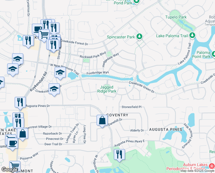 map of restaurants, bars, coffee shops, grocery stores, and more near 201 New Harmony Trail in Spring
