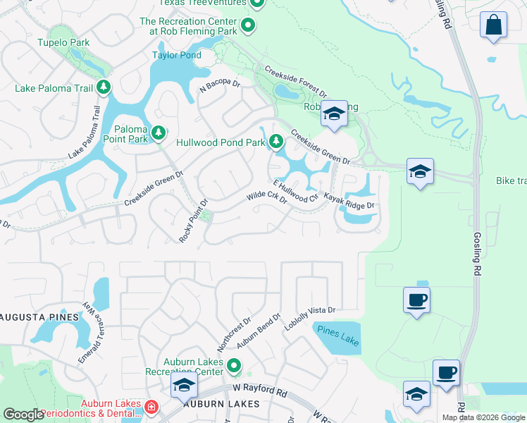 map of restaurants, bars, coffee shops, grocery stores, and more near 106 Buck Trail Place in Spring