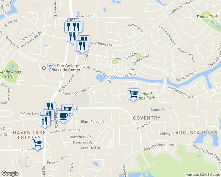 map of restaurants, bars, coffee shops, grocery stores, and more near 147 West New Harmony Trail in Spring