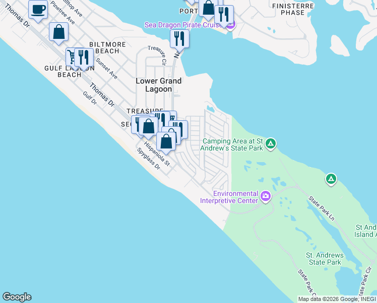 map of restaurants, bars, coffee shops, grocery stores, and more near 667 Sea Lion Drive in Panama City Beach
