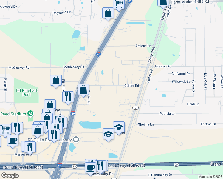 map of restaurants, bars, coffee shops, grocery stores, and more near 22668 Cuttler Road in New Caney