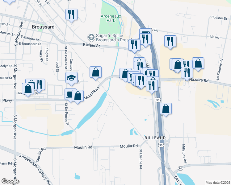 map of restaurants, bars, coffee shops, grocery stores, and more near 1100 Albertson Parkway in Broussard