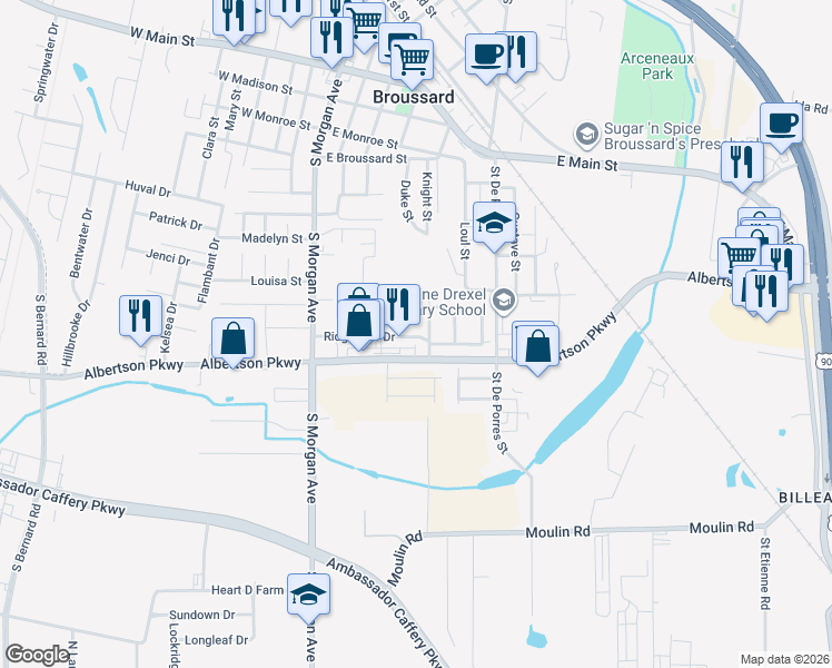 map of restaurants, bars, coffee shops, grocery stores, and more near 104-106 Clearview Drive in Broussard