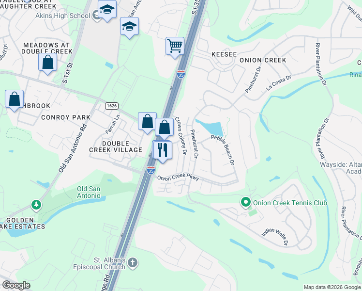 map of restaurants, bars, coffee shops, grocery stores, and more near 10905 Crown Colony Drive in Austin