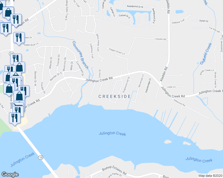 map of restaurants, bars, coffee shops, grocery stores, and more near 12770 Camellia Bay Drive West in Jacksonville