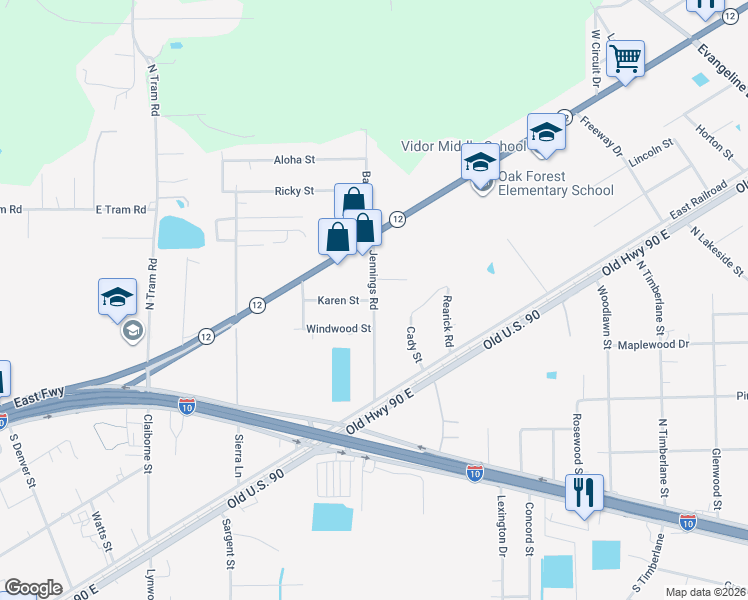 map of restaurants, bars, coffee shops, grocery stores, and more near 401 Jennings Road in Vidor