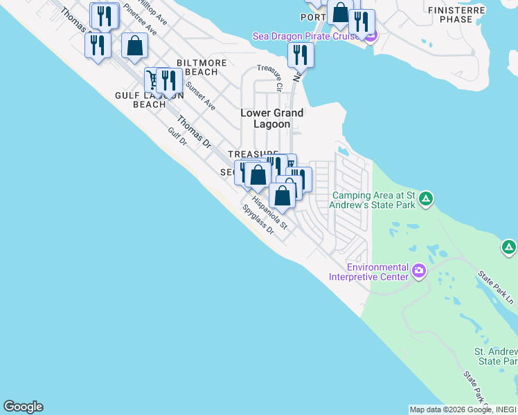 map of restaurants, bars, coffee shops, grocery stores, and more near 4913 Hispaniola Street in Panama City Beach