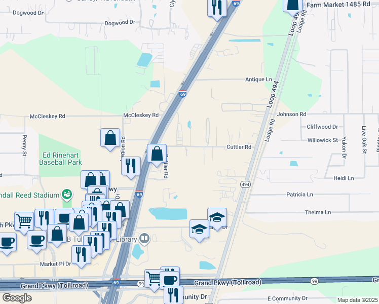 map of restaurants, bars, coffee shops, grocery stores, and more near 22590 Cuttler Road in New Caney