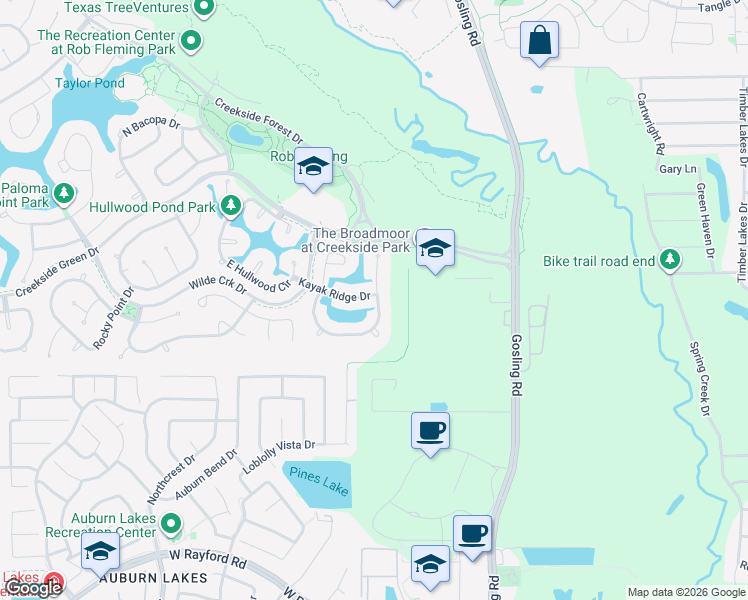 map of restaurants, bars, coffee shops, grocery stores, and more near 3 Kayak Ridge Drive in The Woodlands