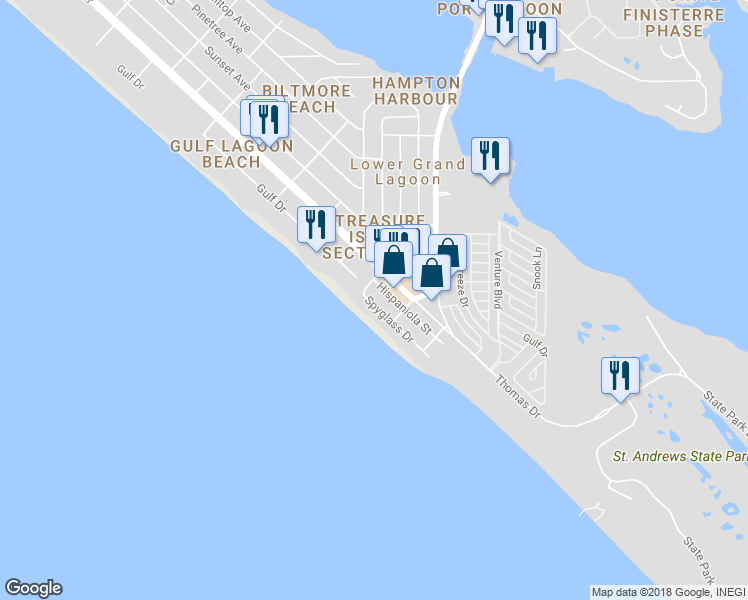 map of restaurants, bars, coffee shops, grocery stores, and more near 4930 Spyglass Drive in Panama City