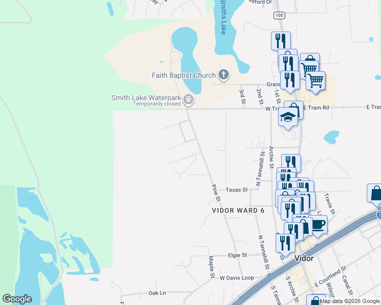 map of restaurants, bars, coffee shops, grocery stores, and more near 1225 Pine Street in Vidor