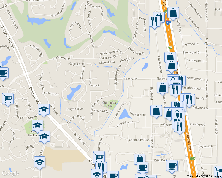 map of restaurants, bars, coffee shops, grocery stores, and more near 124 Marabou Place in Spring