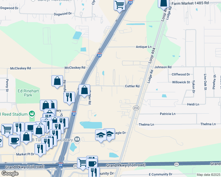 map of restaurants, bars, coffee shops, grocery stores, and more near 22668 Cuttler Road in New Caney