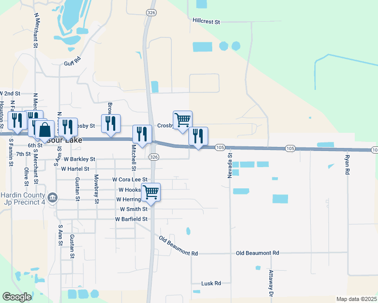 map of restaurants, bars, coffee shops, grocery stores, and more near South Cannon Street in Sour Lake