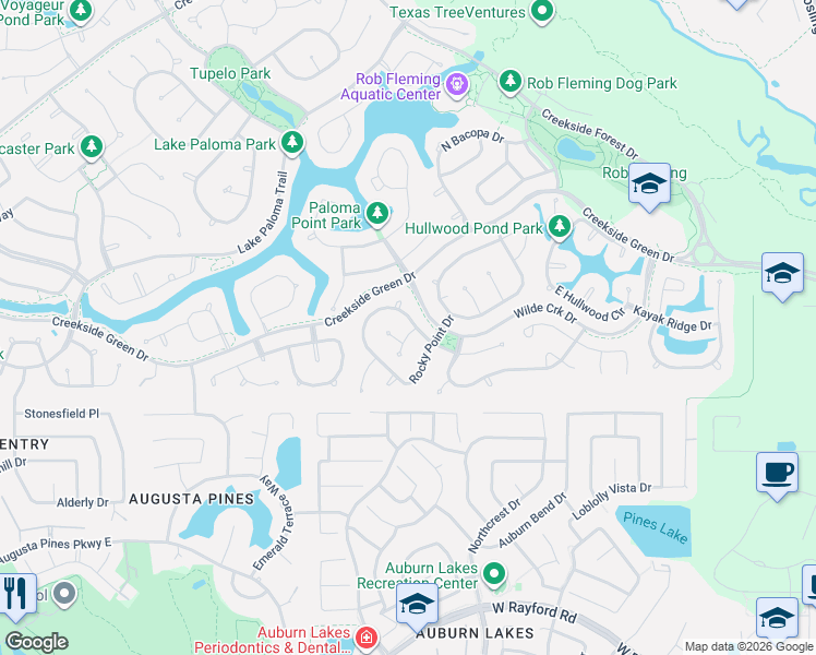 map of restaurants, bars, coffee shops, grocery stores, and more near 15 North Rocky Point Circle in The Woodlands
