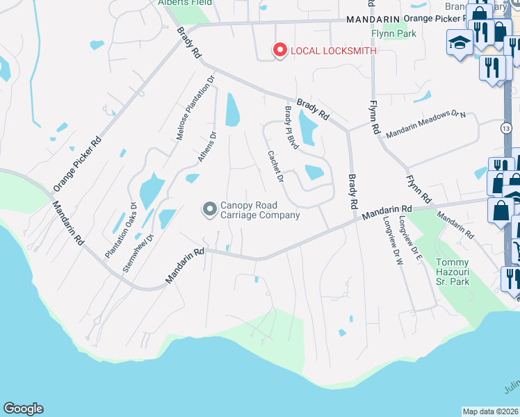 map of restaurants, bars, coffee shops, grocery stores, and more near 14271 Hawksmore Lane in Jacksonville