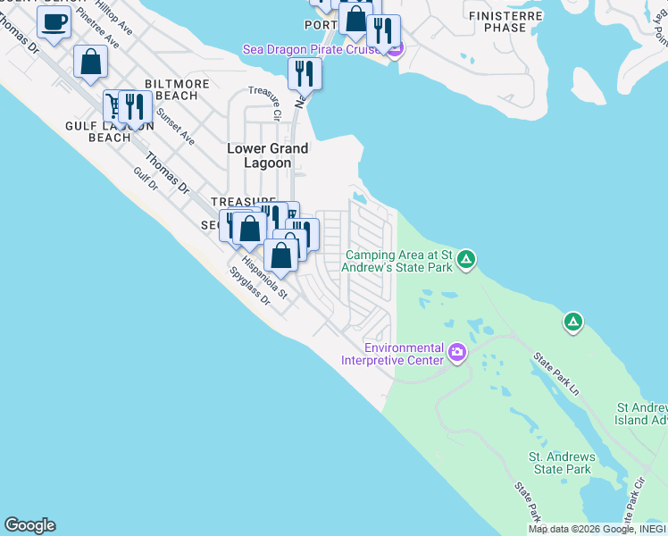 map of restaurants, bars, coffee shops, grocery stores, and more near 667 Sea Lion Drive in Panama City Beach