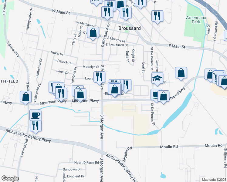map of restaurants, bars, coffee shops, grocery stores, and more near 100 Padre Drive in Broussard