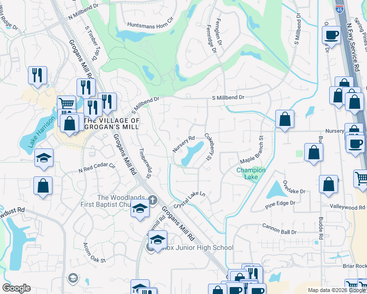 map of restaurants, bars, coffee shops, grocery stores, and more near 1833 Lake Terrace Court in Spring
