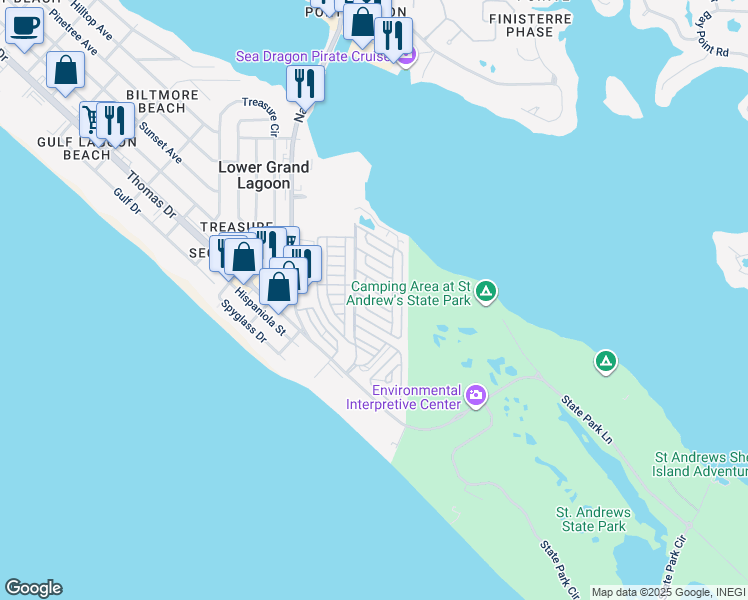 map of restaurants, bars, coffee shops, grocery stores, and more near 245 Barracuda Drive in Panama City Beach