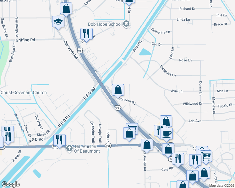 map of restaurants, bars, coffee shops, grocery stores, and more near 7680 Eastex Freeway in Beaumont