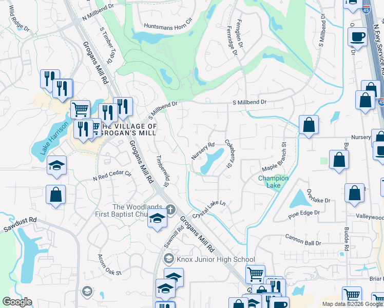 map of restaurants, bars, coffee shops, grocery stores, and more near 1852 Nursery Rd in Spring