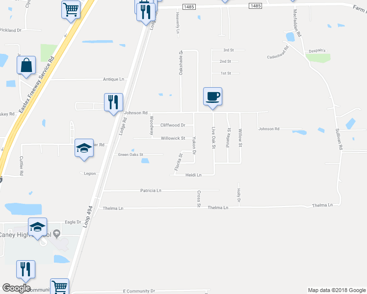 map of restaurants, bars, coffee shops, grocery stores, and more near 23419 Florita Street in New Caney