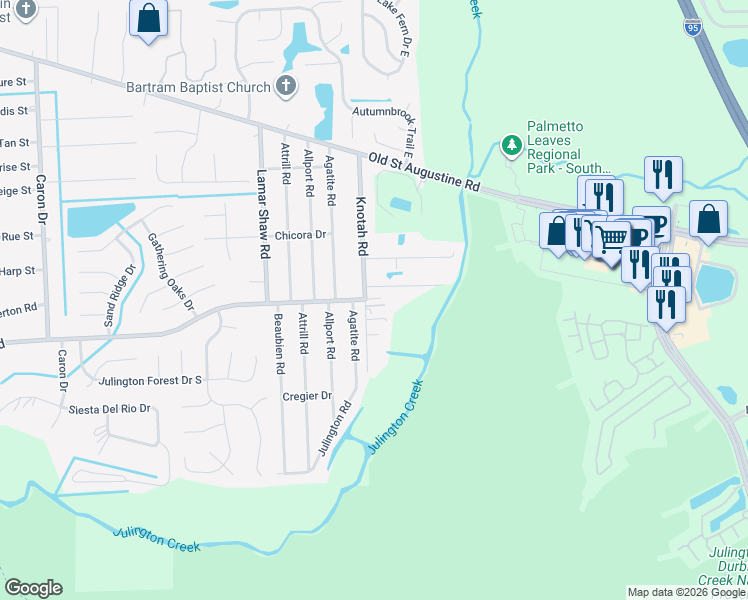 map of restaurants, bars, coffee shops, grocery stores, and more near 12641 Knotah Road in Jacksonville