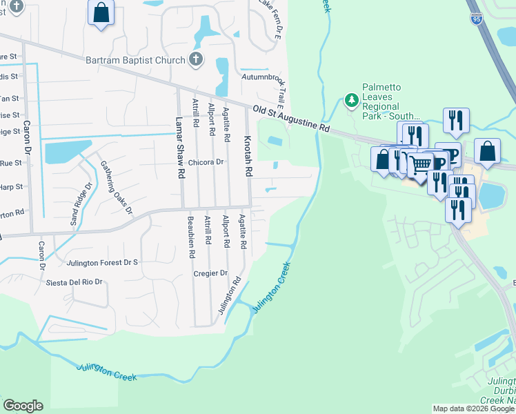 map of restaurants, bars, coffee shops, grocery stores, and more near 12641 Knotah Road in Jacksonville