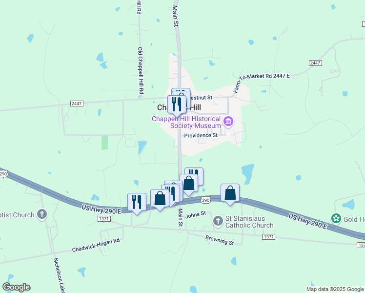 map of restaurants, bars, coffee shops, grocery stores, and more near 5255 Main Street in Chappell Hill
