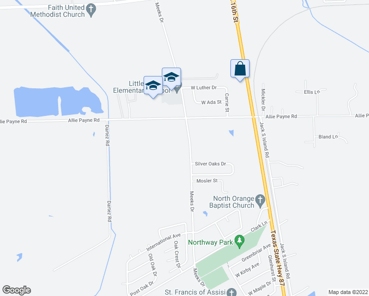 map of restaurants, bars, coffee shops, grocery stores, and more near 5301 Meeks Drive in Orange