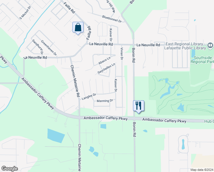 map of restaurants, bars, coffee shops, grocery stores, and more near 113 Anastasie Drive in Lafayette
