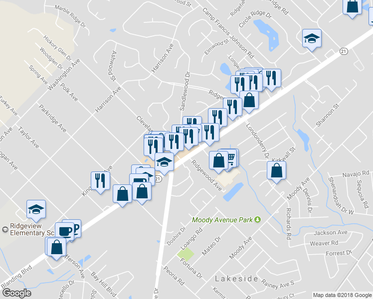 map of restaurants, bars, coffee shops, grocery stores, and more near 922 Blanding Boulevard in Orange Park