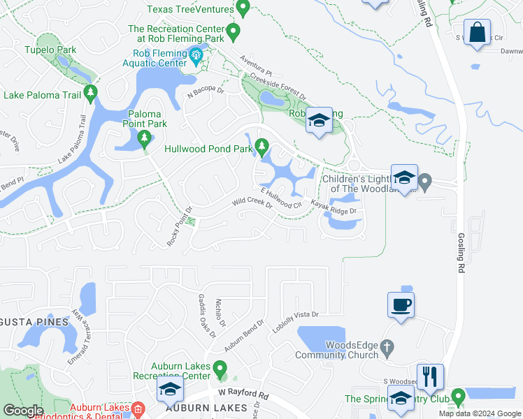 map of restaurants, bars, coffee shops, grocery stores, and more near 78 Buck Trail Place in Spring