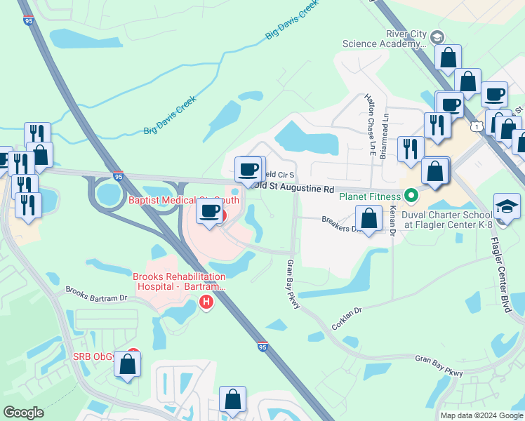 map of restaurants, bars, coffee shops, grocery stores, and more near 12724 Gran Bay Parkway in Jacksonville