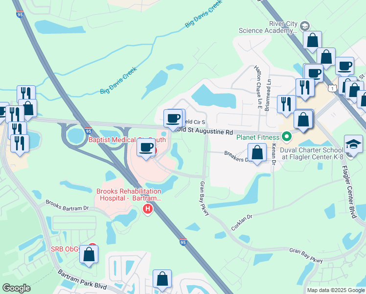 map of restaurants, bars, coffee shops, grocery stores, and more near 12724 Gran Bay Parkway in Jacksonville