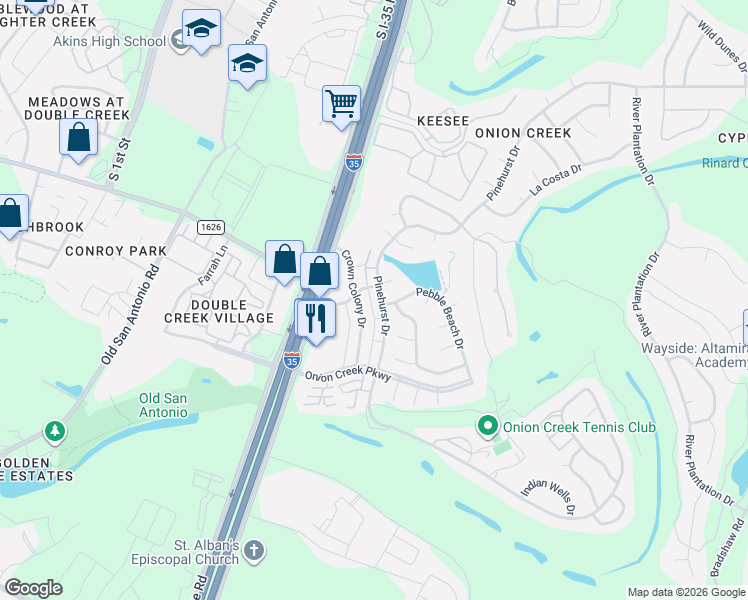 map of restaurants, bars, coffee shops, grocery stores, and more near 10810 Pinehurst Drive in Austin