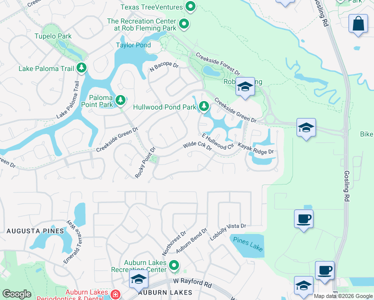 map of restaurants, bars, coffee shops, grocery stores, and more near 106 Buck Trail Place in Spring