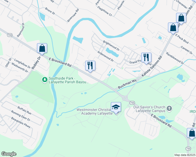 map of restaurants, bars, coffee shops, grocery stores, and more near 831 East Broussard Road in Lafayette