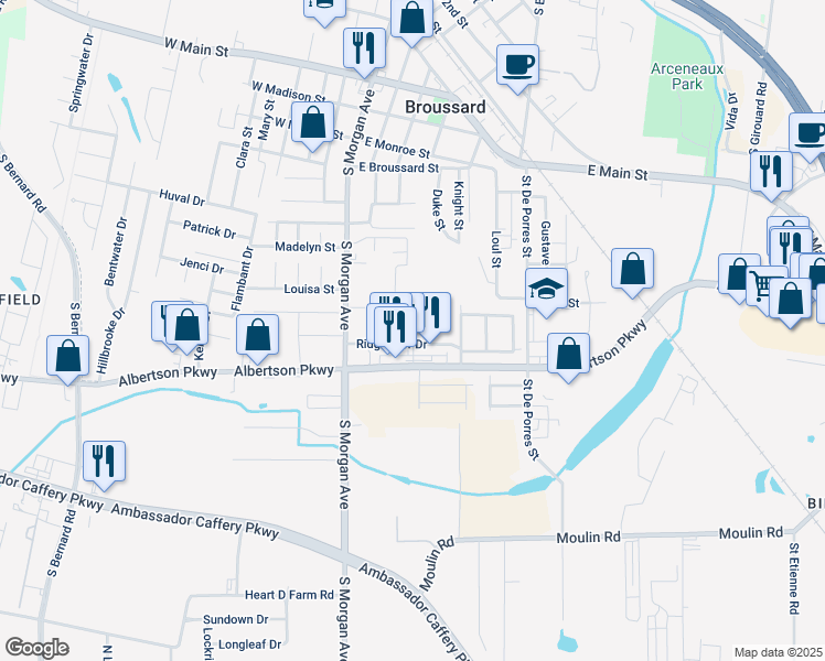 map of restaurants, bars, coffee shops, grocery stores, and more near 125 Ridgeview Drive in Broussard