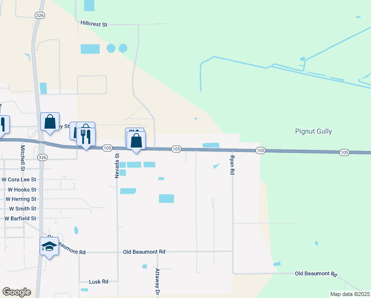 map of restaurants, bars, coffee shops, grocery stores, and more near 910-1068 Highway 105 in Sour Lake