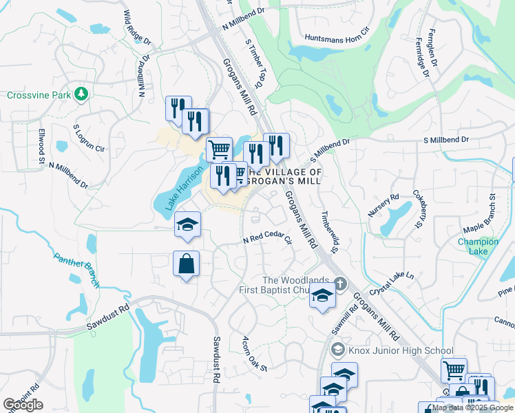 map of restaurants, bars, coffee shops, grocery stores, and more near 2301 South Millbend Drive in The Woodlands