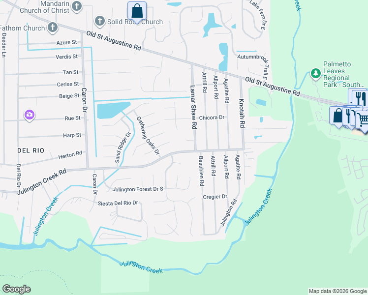map of restaurants, bars, coffee shops, grocery stores, and more near 5369 Julington Creek Road in Jacksonville