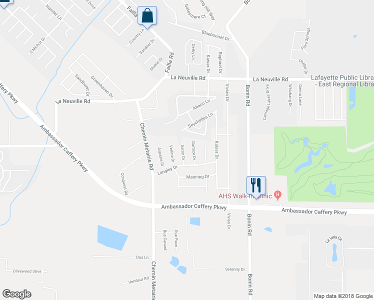 map of restaurants, bars, coffee shops, grocery stores, and more near 114 Aaron Drive in Lafayette