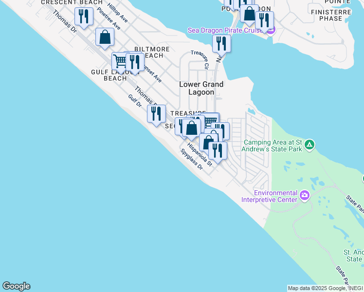 map of restaurants, bars, coffee shops, grocery stores, and more near 5012 Spyglass Drive in Panama City Beach