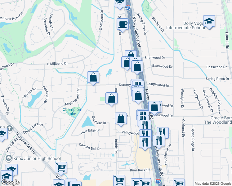 map of restaurants, bars, coffee shops, grocery stores, and more near 26010 Budde Rd in Spring