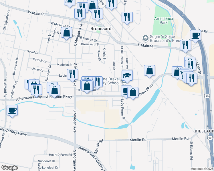 map of restaurants, bars, coffee shops, grocery stores, and more near 104 Clearview Drive in Broussard