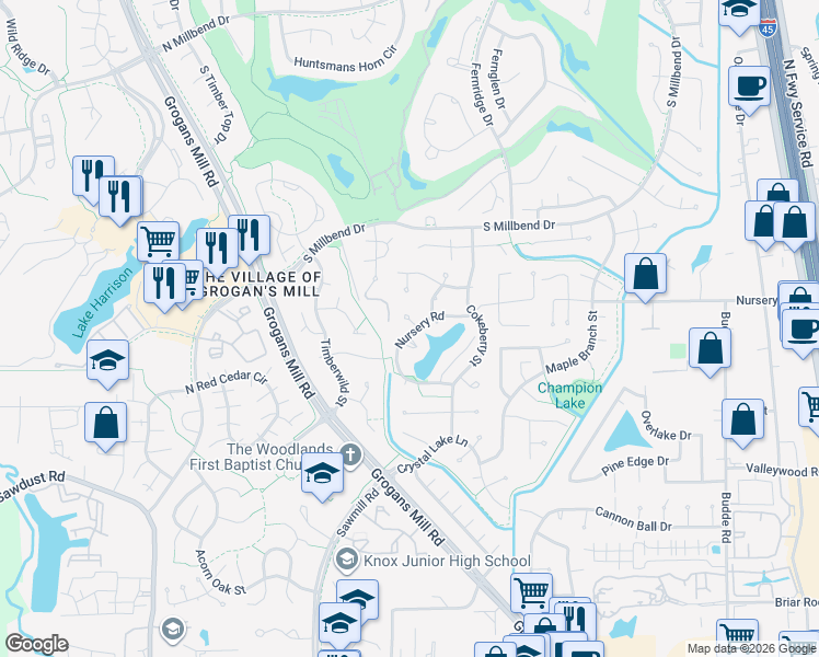 map of restaurants, bars, coffee shops, grocery stores, and more near 1833 Lake Terrace Court in Spring