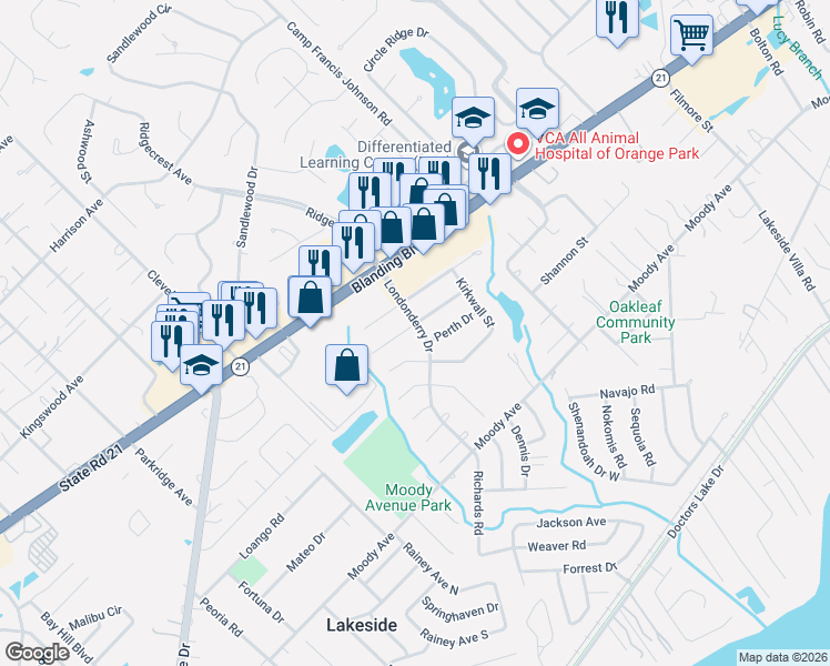 map of restaurants, bars, coffee shops, grocery stores, and more near 1132 Londonderry Drive in Orange Park